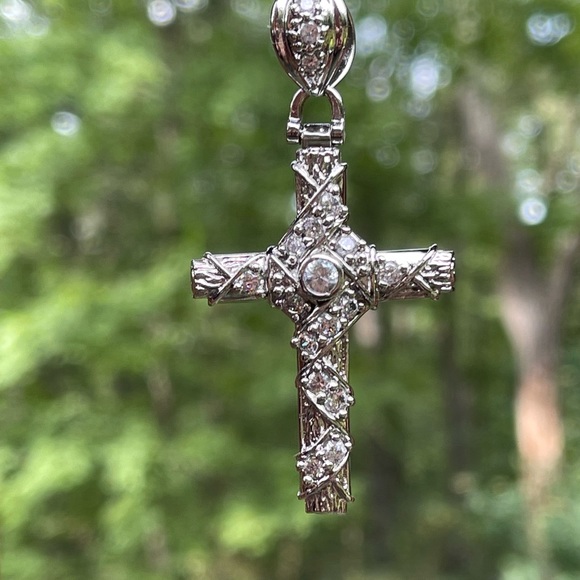 Large Ornate Solid Sterling Silver and CZ Cross Pendant - Picture 1 of 5